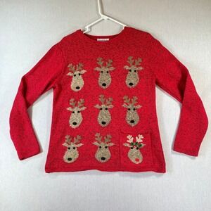 NorthStyle Reindeer Christmas Sweater Women Small Red Holiday Pocket Knit Top